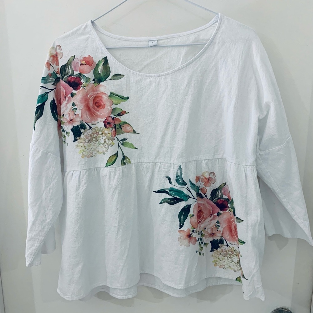 Women's White Floral Peasant Blouse - Pink Rose Print